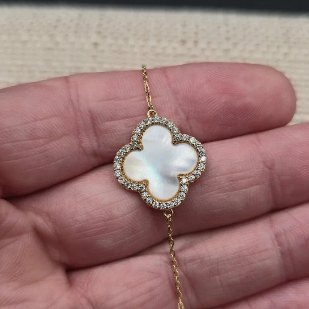 7.5 Inch Gold Over Sterling Silver White Shell And Cubic Zirconia Bracelet A6309 - Picture 3 of 7